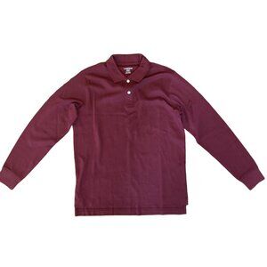 Lands End Womens Burgundy Long-Sleeve Polo Shirt Medium M 100% Cotton Casual Wea